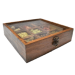 Handcrafted Wooden Spice Box with Glass Lid – 9 Compartments for Spices, Herbs & Dry Fruits