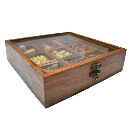 Handcrafted Wooden Spice Box with Glass Lid – 9 Compartments for Spices, Herbs & Dry Fruits