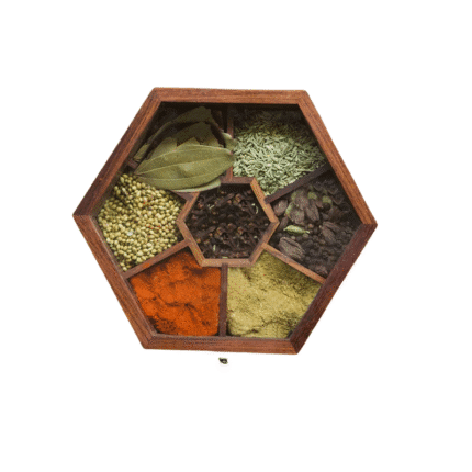 Handcrafted Wooden Spice Box in hexagonal with Glass Lid