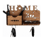 Rustic Wooden Wall-Mounted Key Holder with Mail/Pen Caddy