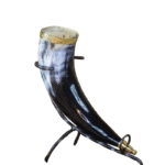 CARVED DRINKING HORN WITH IRON STAND 14” INCH