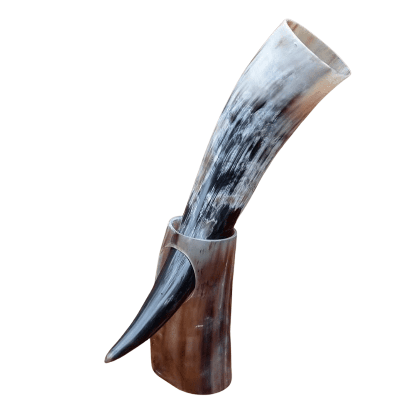 Untitled design - 2025-10-14T222426.440 VIKING DRLDERINKING WITH HORN STAND & LEATHER HOLDER 12 -14” INCH - Image 1